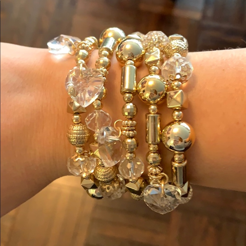 Gold beaded wrap bracelet with crystal hearts
